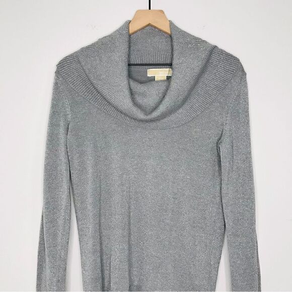 Michael Kors Cowl Neck Knit Silver Metallic Sweater Petite - Picture 3 of 10
